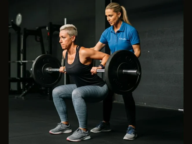A woman demonstrating proper lifting technique with the guidance of a qualified trainer. This reinforces the importance of safety and proper form to prevent injuries