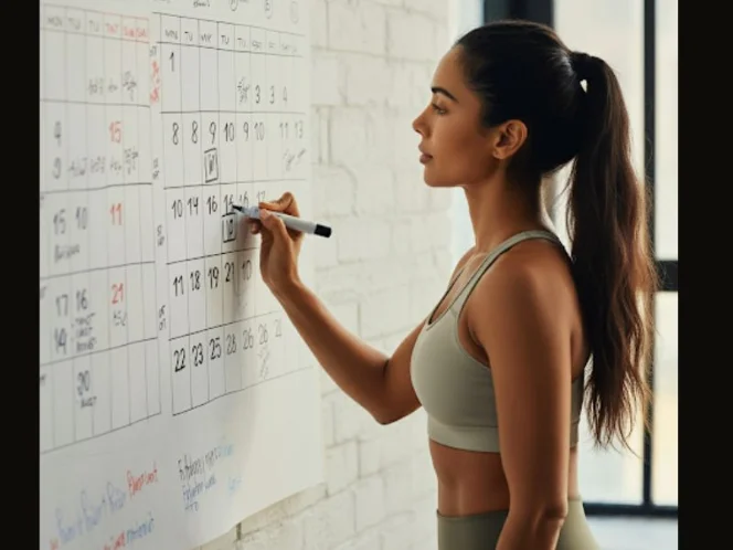 A woman marking her workout schedule on a calendar