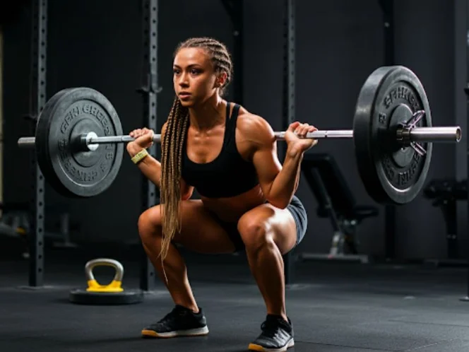 A woman performing a variety of weightlifting exercises, including squats, deadlifts, and overhead presses
