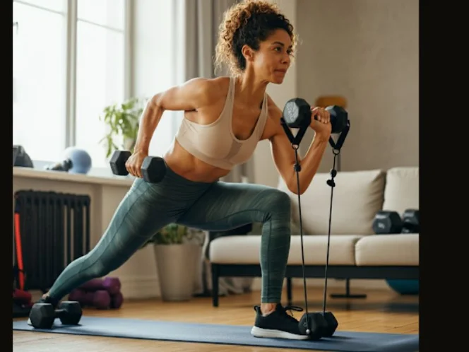 A woman performing a weightlifting workout at home using dumbbells and a resistance band