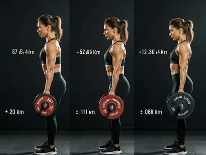 A woman progressively increasing the weight she's lifting over time