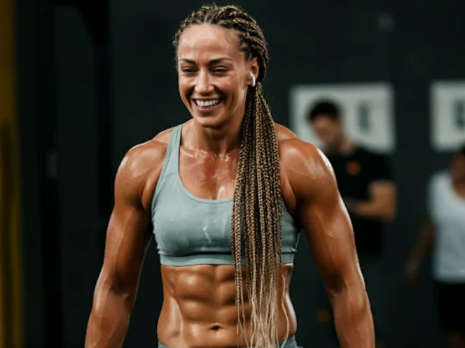A woman smiling and feeling confident after a weightlifting session