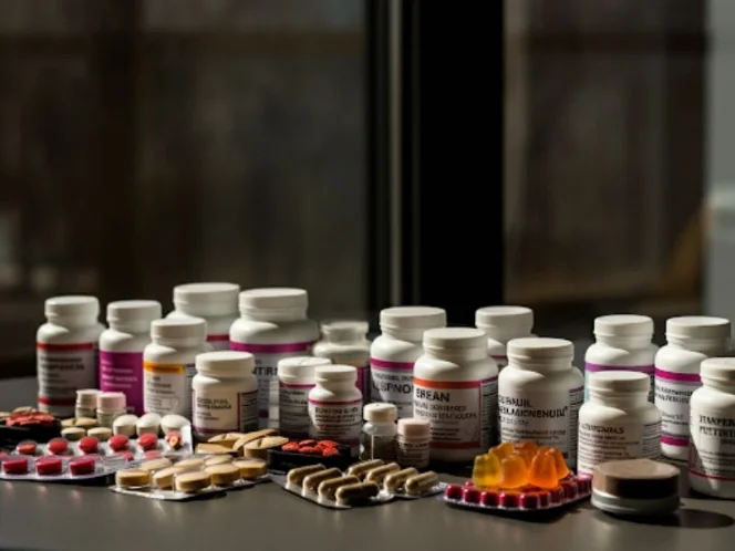 An assortment of various supplement forms_ pills, capsules, powders, liquids, and gummies displayed on a table