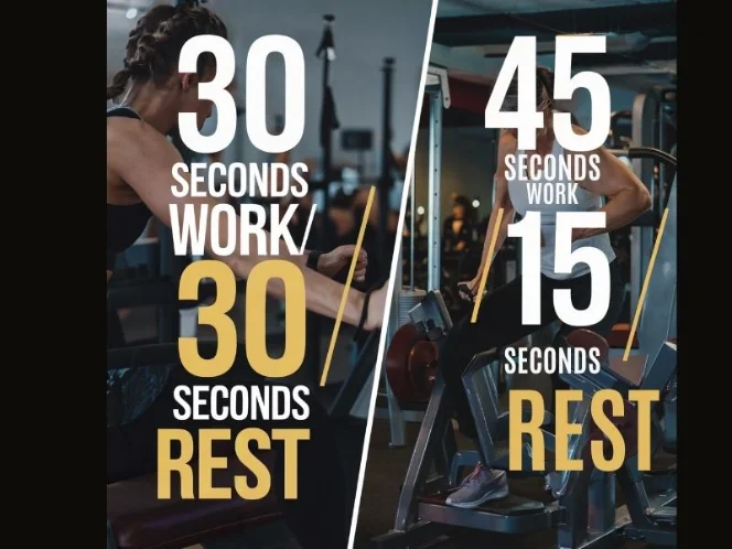 a visual representation of different work-to-rest ratios, such as 30 seconds work _ 30 seconds rest, and 45 seconds work _ 15 seconds rest