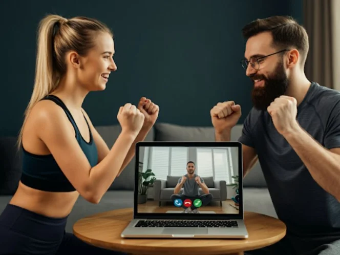 friends doing a virtual workout together, motivating and supporting each other from their respective homes