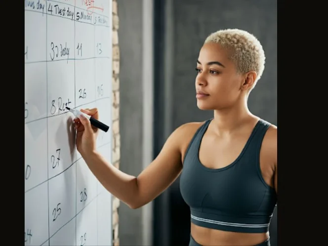 A person marking their workout schedule on a calendar, emphasizing the importance of planning and rest days