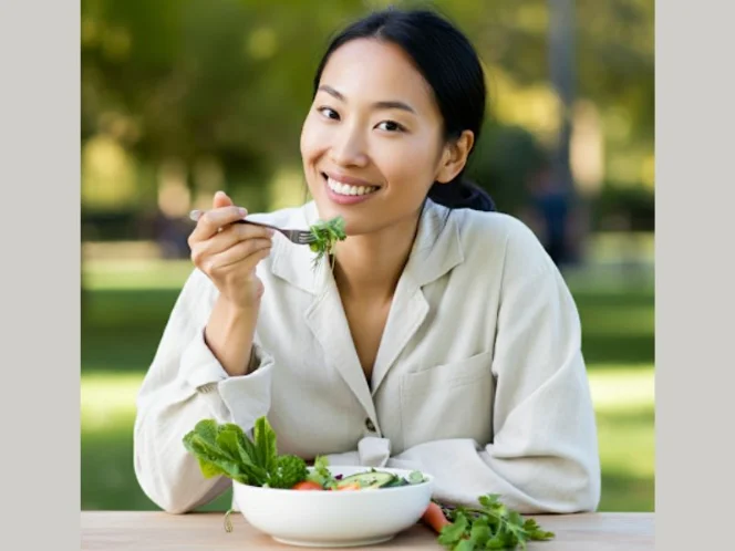 A person radiating health and vitality, enjoying a delicious plant-based meal in a natural setting