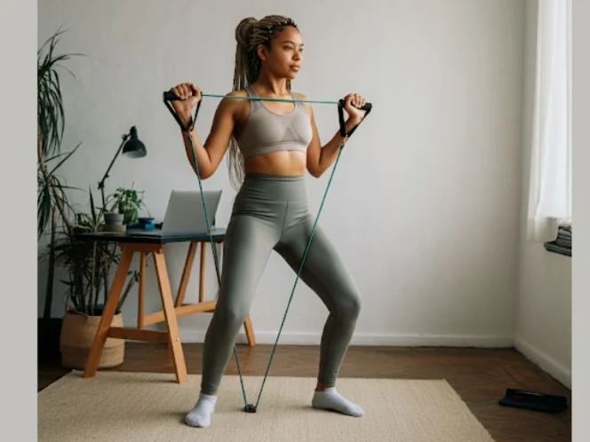 someone squeezing in a quick workout at home between other activities, like work