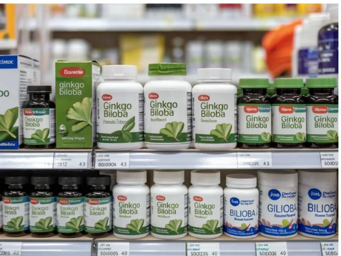 A variety of Ginkgo Biloba supplements on a store shelf, showcasing different brands, forms (capsules, tablets, liquids), and packaging.)