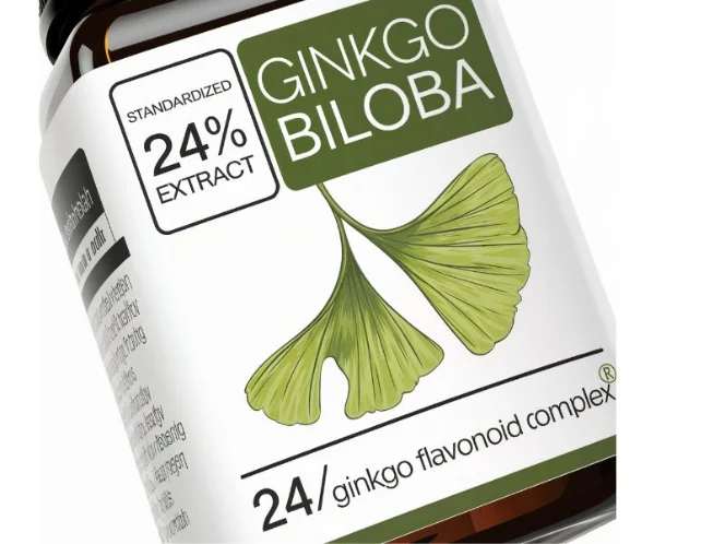 a close-up of a Ginkgo Biloba supplement label, with a box highlighting the words _Standardized Extract_ and the percentage of active compounds