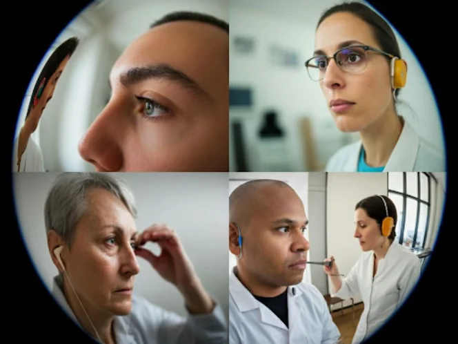 a collage of images representing different health concerns, such as dizziness, tinnitus, and vision problems
