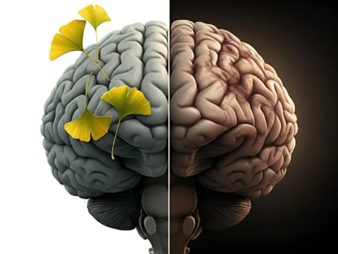 a comparison of two brains, one healthy and vibrant, and the other showing signs of age-related decline, with Ginkgo Biloba leaves subtly placed near the healthier brain