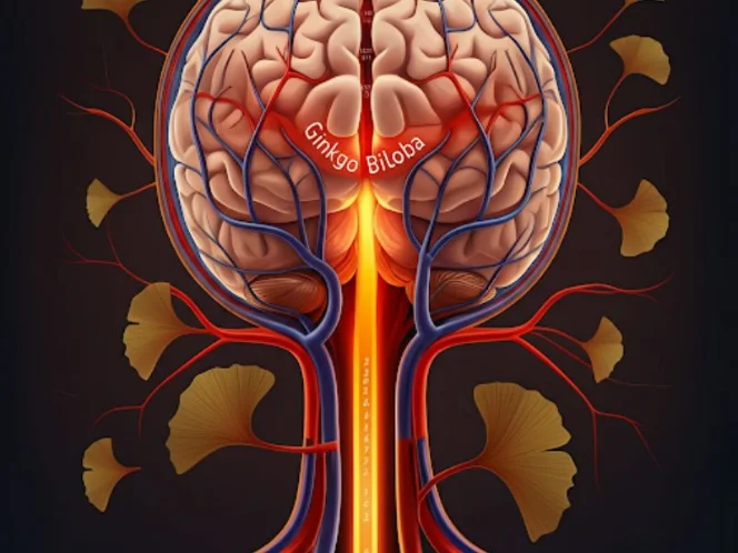 a graphic showing blood vessels in the brain dilating and increasing blood flow, perhaps with _Ginkgo Biloba_ labeled near the vessels