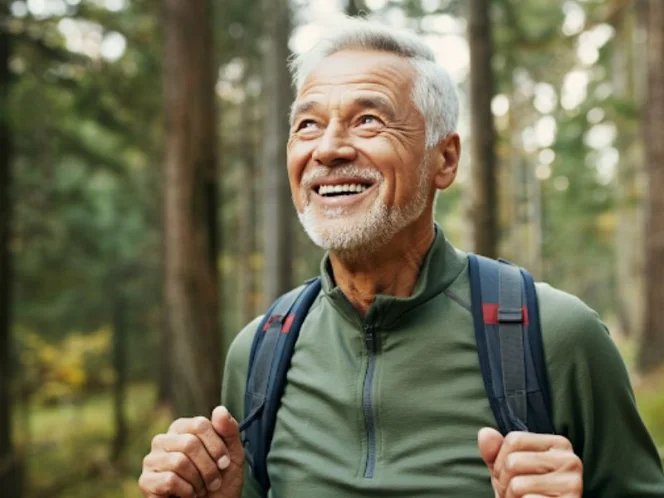 a happy and active senior enjoying life, hiking in nature