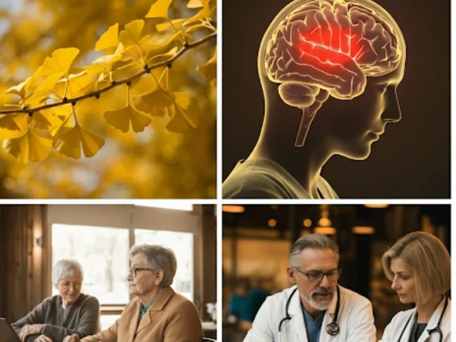 A collage of images representing different aspects of the article, such as Ginkgo Biloba supplements, a healthy brain, seniors engaging in mentally stimulating activities, and a person talking to their doctor.