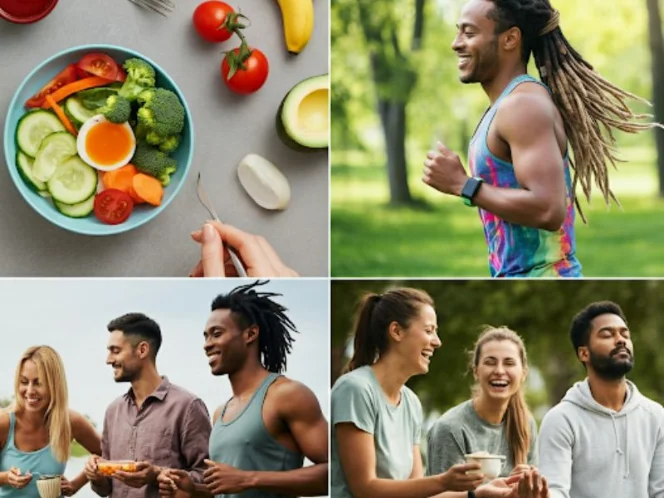 a montage of images showcasing different aspects of a healthy lifestyle_ someone eating a balanced meal,