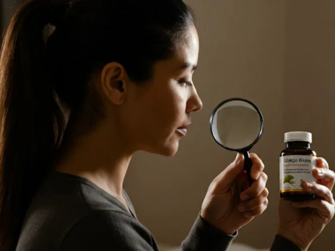 a person carefully reading the label of a Ginkgo Biloba supplement bottle, with a magnifying glass highlighting the dosage information