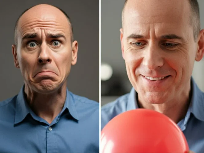 a person looking confused and frustrated, and the other side showing the same person looking happy, focused, and engaged