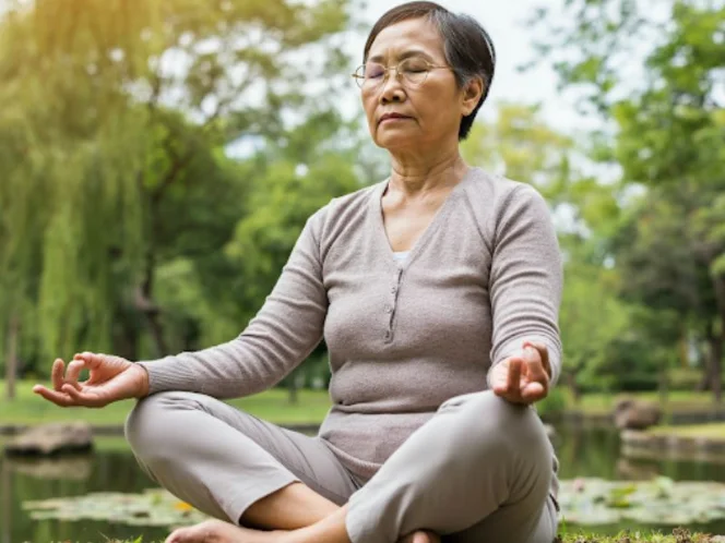 a person practicing mindfulness in a peaceful setting, conveying a sense of calm and relaxation