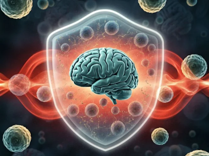 an illustration of brain cells being protected by a shield of antioxidants, with free radicals being deflected or neutralized