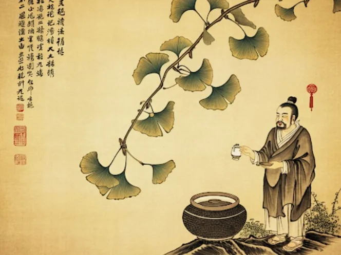 an image of Ancient Chinese scrolls depicting the use of Ginkgo Biloba in traditional medicine
