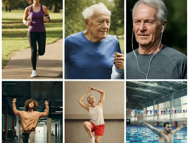 an image of People of different ages engaging in various forms of exercise walking, jogging, yoga, dancing, and swimming.