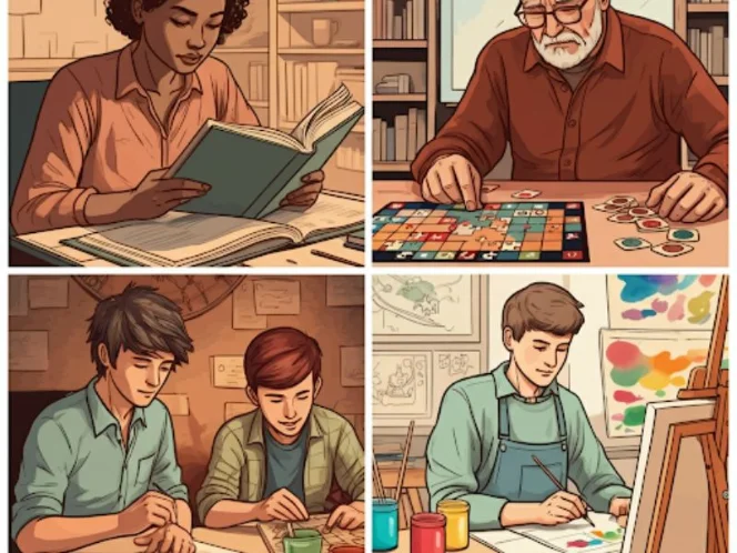 an image of People participating in mentally stimulating activities_ reading, doing puzzles, playing games,