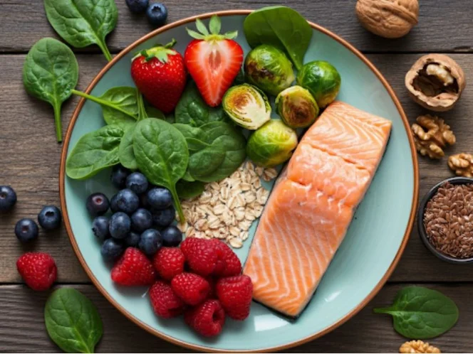 an image of a colorful plate filled with brain-boosting foods_ fruits, vegetables, whole grains, fish, nuts, and seeds
