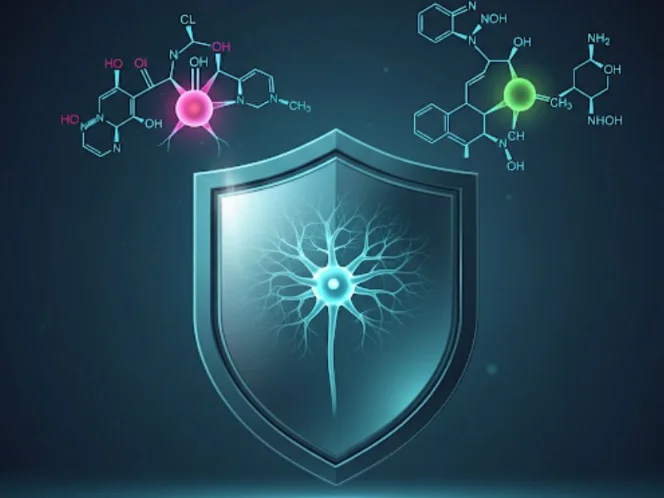 an image of a graphic illustrating the chemical structure of flavonoids and terpenoids, perhaps with a _shield_ protecting a brain cell