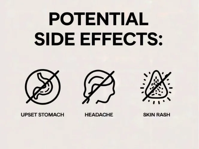 an image of a simple graphic listing potential side effects, with icons representing each, such as an upset stomach, headache, and skin rash
