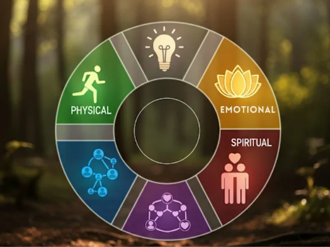 an image of a vibrant wellness wheel with five segments