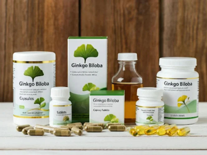 graphic illustrating different forms of Ginkgo Biloba supplements, such as capsules, tablets, and liquid extracts, with dosage recommendations for each