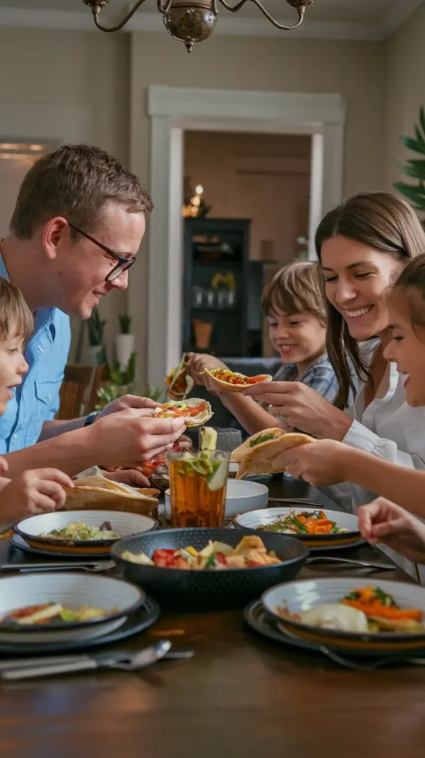 A happy family gathered around the dinner table enjoying their fajitas.