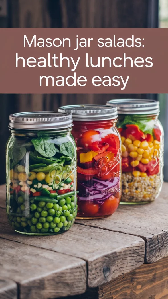 image of three Mason Jar Salads lined up on a rustic wooden table.