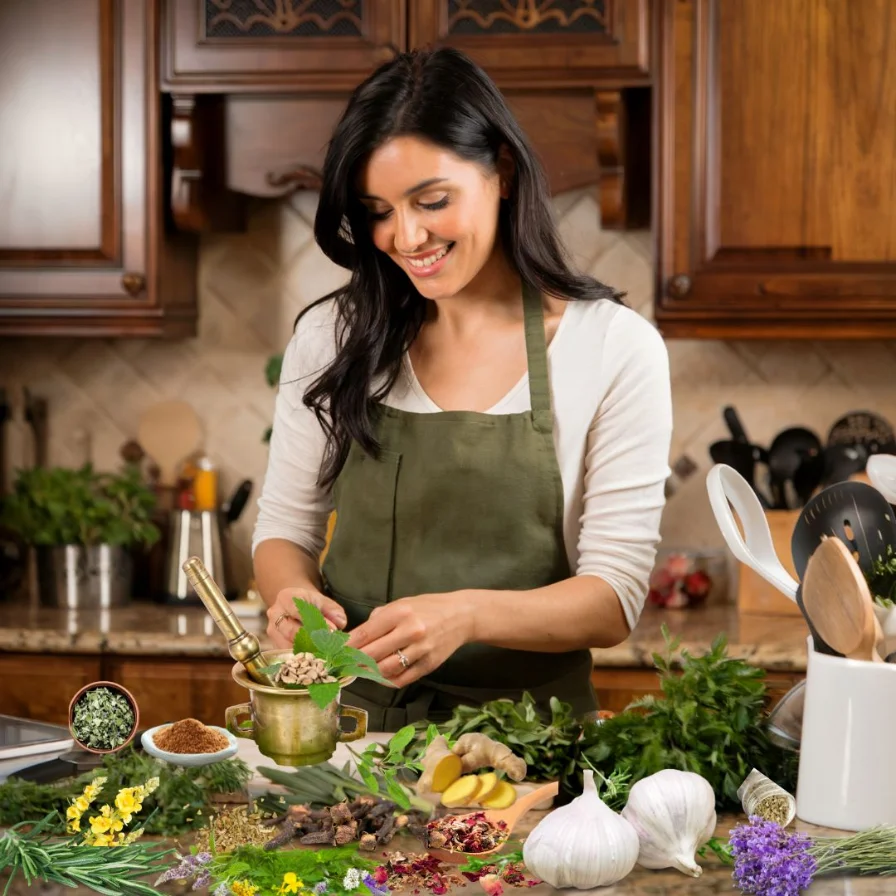Image of a person confidently preparing herbal remedies at home