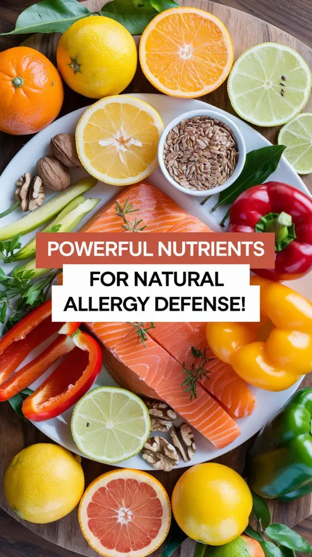 A beautifully arranged plate of citrus fruits, bell peppers, salmon, walnuts, and flaxseeds.
