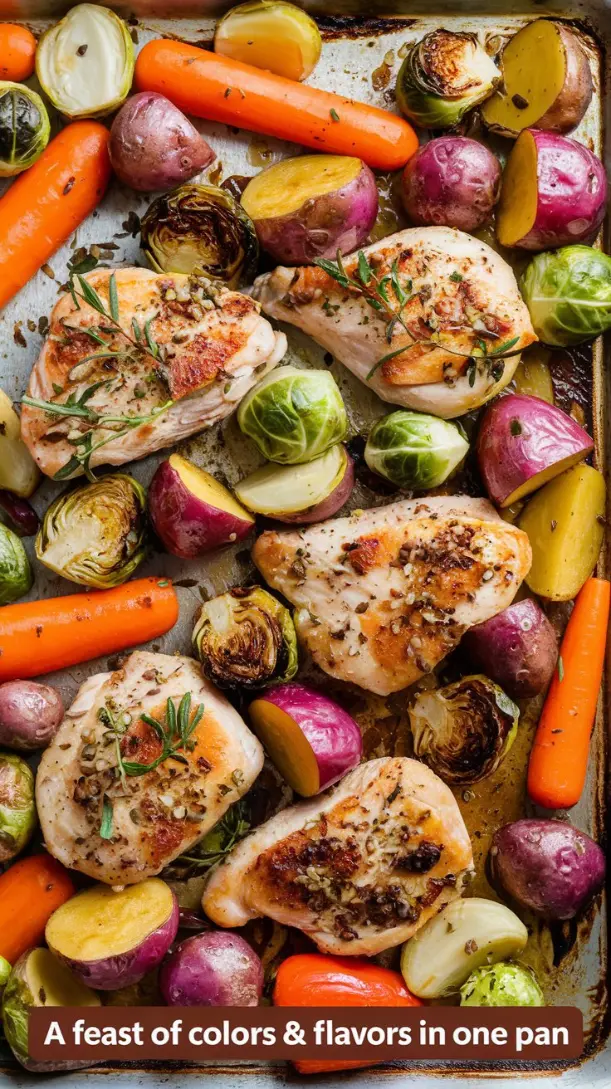 A bright and colorful shot of a sheet pan filled with roasted veggies and seasoned chicken.