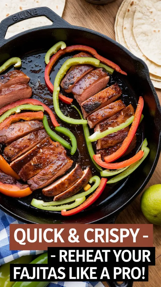 A cast iron skillet sizzling with reheated fajitas.
