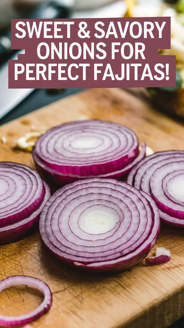 A close-up of freshly sliced red and white onions arranged in rings on a wooden cutting board.