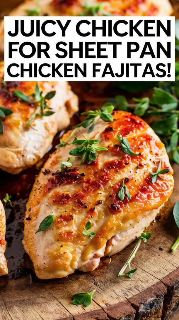 A close-up of golden-brown, grilled or baked chicken breasts on a rustic wooden cutting board