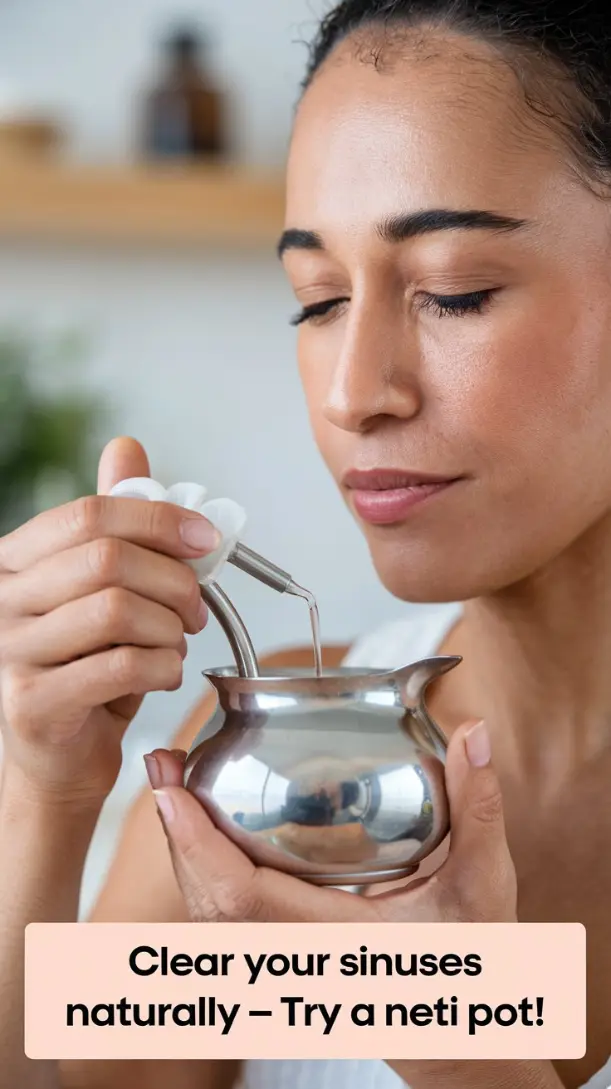 A close-up shot of a lady gently using a neti pot