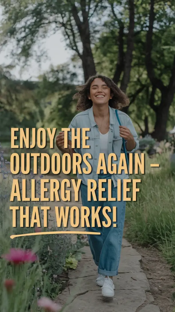 A happy individual walking in nature, smiling, and feeling refreshed, symbolizing the goal of overcoming allergies naturally.