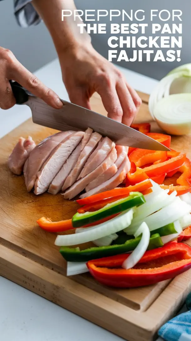 A mid-action shot of hands slicing chicken and vegetables on a wooden cutting board. use