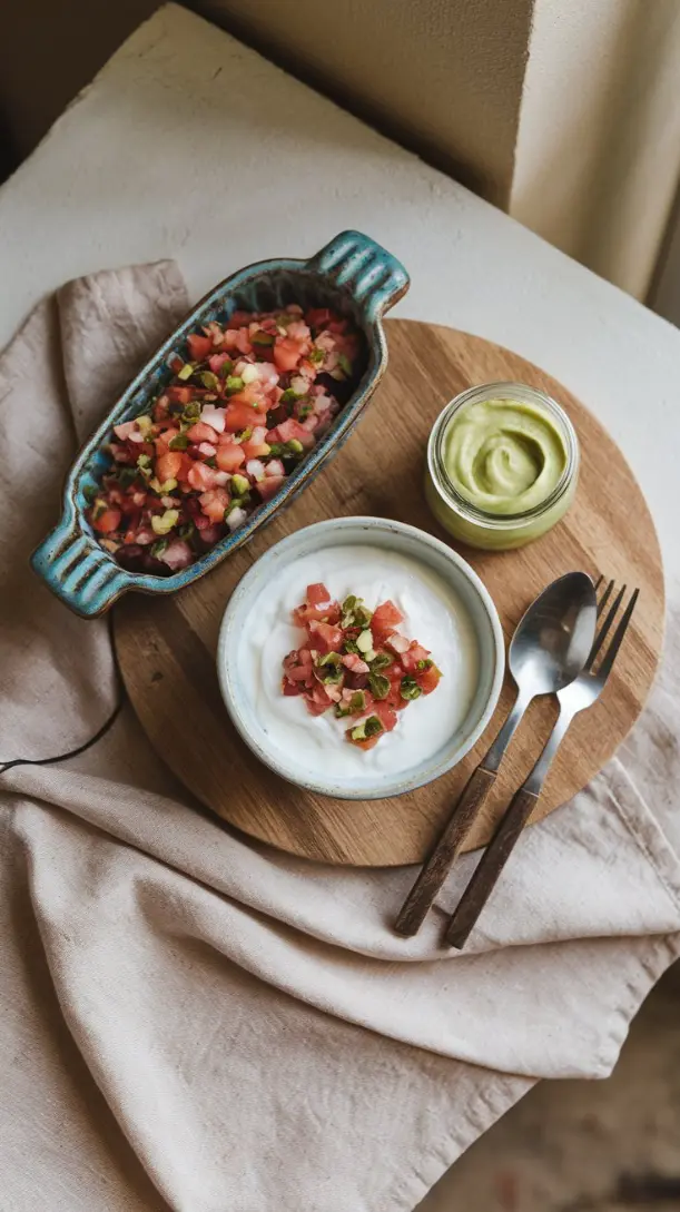 A mix of Greek yogurt, pico de gallo, and avocado crema in an artistic flat-lay.