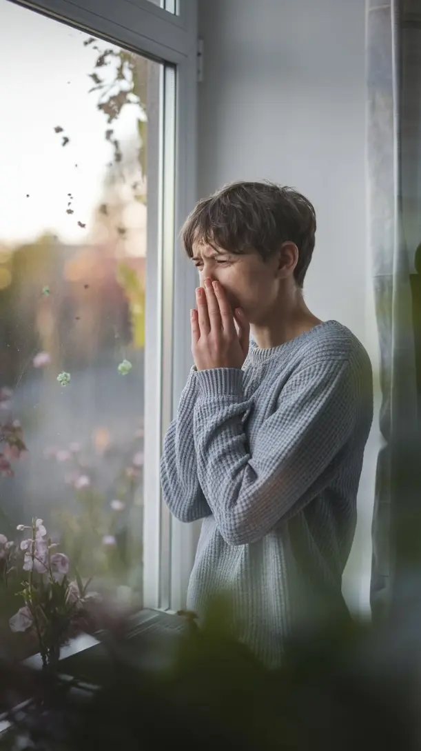 A person standing near a window, gazing outside with a slightly frustrated