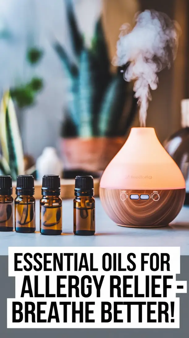 A relaxing image of essential oil bottles with a diffuser emitting a soft mist in the background.