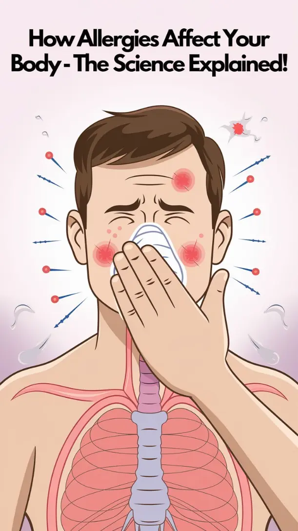 A simple medical-style illustration showing histamine release causing nasal inflammation and sneezing