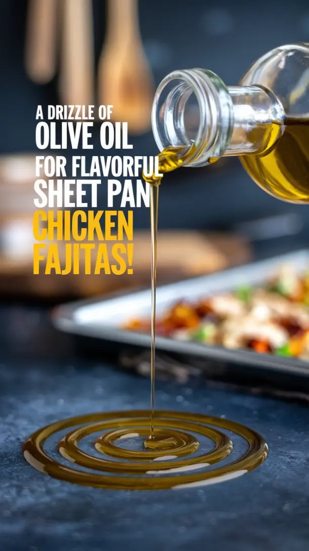 A stylish shot of a glass bottle of olive oil with a drizzle forming a golden swirl on a dark, textured surface