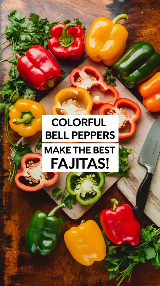 A vibrant flat-lay of red, yellow, orange, and green bell peppers, some whole and some sliced on a rustic background