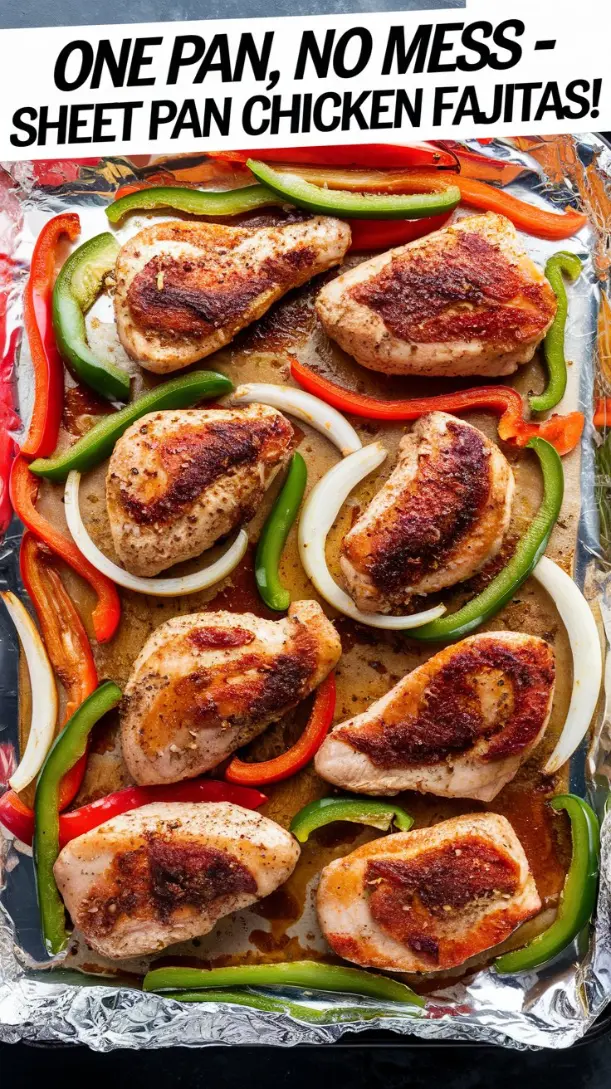 A vibrant top-down shot of a sheet pan loaded with seasoned chicken, peppers, and onions, ready to go in the oven.